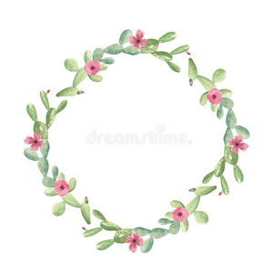 水彩仙人掌花的花环仙人掌粉红色的绿色的框架婚礼英文字母表的第19个字母