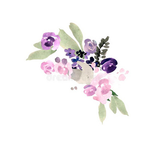 美丽的水彩婚礼花束和紫色的花.