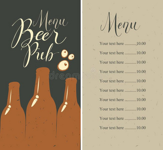 啤酒酒馆菜单和瓶子和价格清单