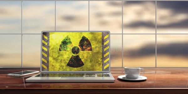 辐射象征向一计算机屏幕,污迹日落b一ckground.3