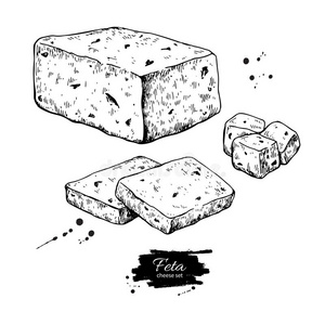 希腊人羊乳酪奶酪块绘画.矢量手疲惫的食物草图.