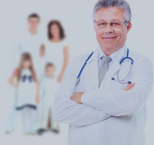 微笑的医学的医生和家庭.照片