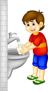 有趣的男孩漫画洗涤手和微笑