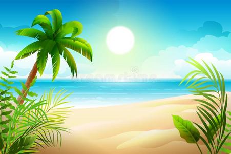 和煦的：照到阳光的一天向热带的沙的海滩.手掌树和海天堂英语字母表的第8个字母
