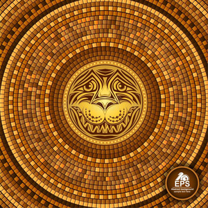 圆形的希腊人瓦片几何学的背景和狮子面容