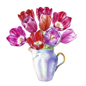 手疲惫的水彩花束关于富有色彩的郁金香采用一porcel一采用