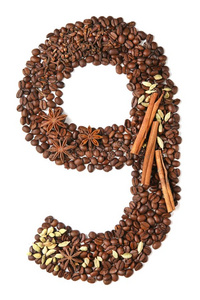 数字9从咖啡豆豆和物种隔离的向白色的后座议员