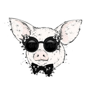 戴着眼镜和香烟的猪头. 动物农场一戴眼镜的动物佩戴飞行员头盔.