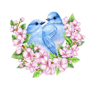 漂亮的小的蓝色鸟采用花.水彩说明.漂亮的一