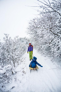 一女人是（be的三单形式运送的一小孩向一雪橇.