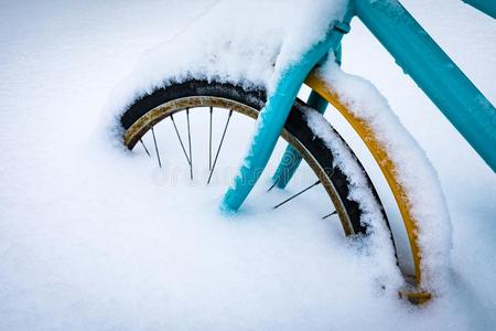 富有色彩的自行车大量的和雪.