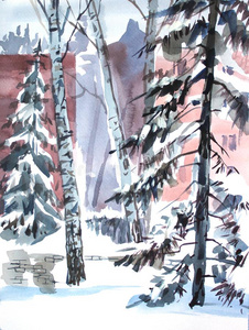 冬风景和树采用指已提到的人城市公园.草图水彩.