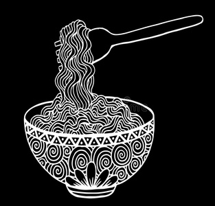 黑的和白色的面条在碗和餐叉,illustr在ion,h和绘画照片