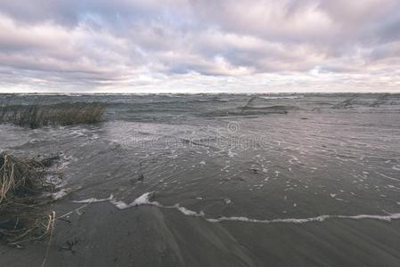 多岩石的海海滩和宽的角透镜-酿酒的颜色影片