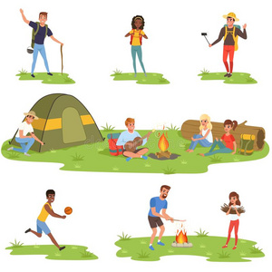 露营者人放置,旅行者同行的,野营和令人轻松的vect