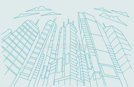 大的城市摩天大楼草图建筑物.蓝色线条骨架中风