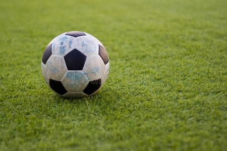 老的球足球向新的绿色的草-地面