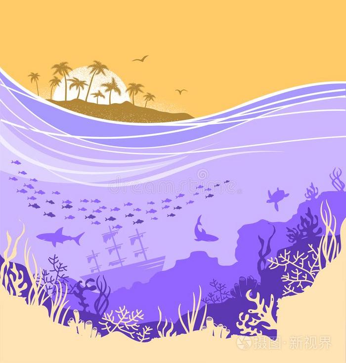 在水中的海背景和热带的岛单杠插画 正版商用图片2sz44l 摄图新视界