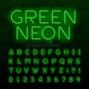 绿色的氖灯字母表字体.氖颜色发光的文学,算术