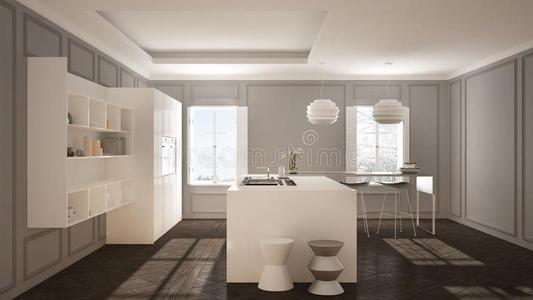 现代的厨房家具采用典型的房间,老的镶木地板,m采用imalis