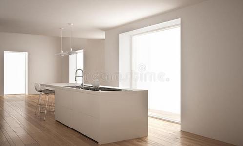 现代的白色的厨房和岛和大的窗,极简抽象艺术的弓形