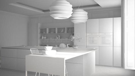 总计的白色的放映关于现代的厨房家具采用典型的房间,
