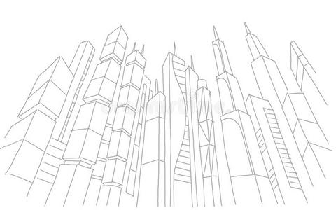大的城市摩天大楼草图建筑物.灰色线条骨架中风