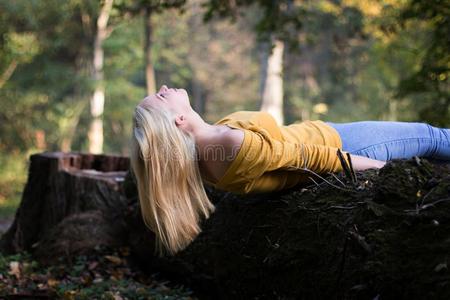 年幼的白肤金发碧眼女人女人产卵数向一树br一nch采用指已提到的人森林