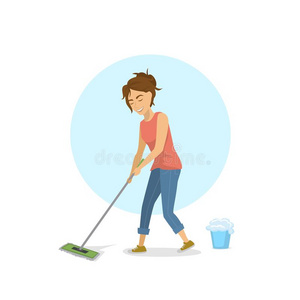 漂亮的年幼的女人清洁刷漆地面,家庭chore的复数