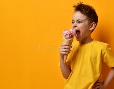 婴儿男孩小孩吃草莓冰乳霜采用蛋奶烘饼圆锥体s乳霜i