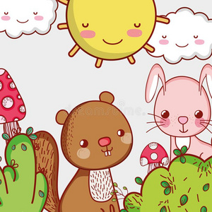 松鼠和兔子采用森林照片