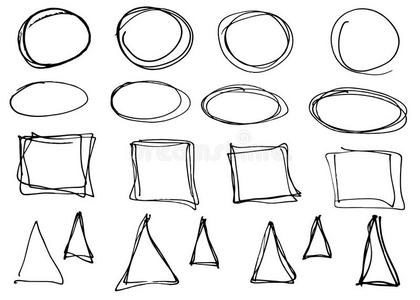 心不在焉地乱写乱画矢量圆,三角形和长方形.H和疲惫的放置,