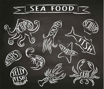 海产食品粉笔外形矢量插图向黑板,埃门