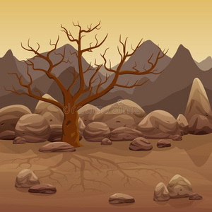 漫画干的干燥的石头沙漠风景和光秃秃的树和山