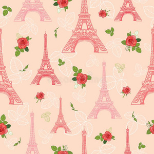 矢量粉红色的红色的艾费尔高原塔巴黎和玫瑰花无缝的棱纹平布