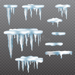 现实的冰柱和雪放置向透明的背景.