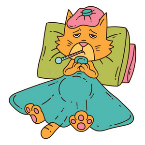 宠物感冒令人厌恶的猫和温度计在下面指已提到的人毛毯.照片