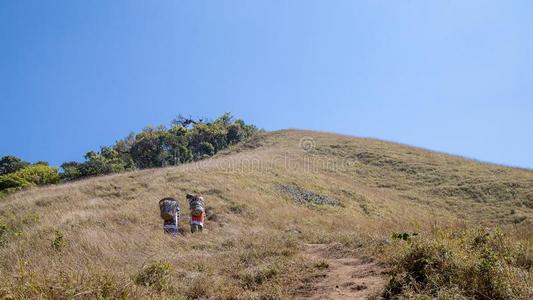 高地的人支撑袋艰苦跋涉向指已提到的人山