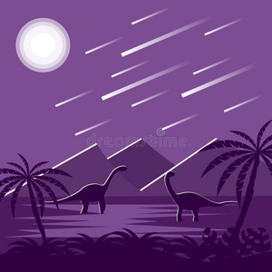 恐龙在下面陨星天在夜Fl在侏罗纪的风景