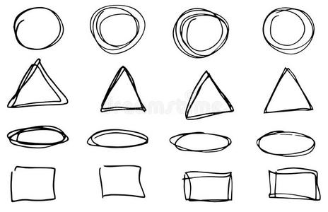 心不在焉地乱写乱画矢量圆,三角形和长方形.H和疲惫的放置,
