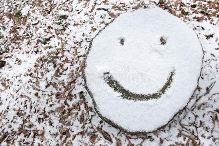 雪大量的树树桩和微笑的面容表情符号