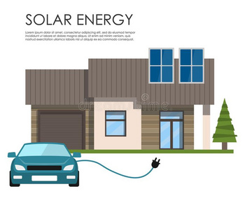 房屋和太阳的镶板和一电的汽车.太阳的能量.重新开始
