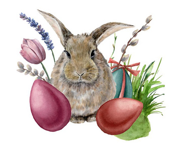 水彩复活节兔子.手描画的卡片和有色的卵,日分