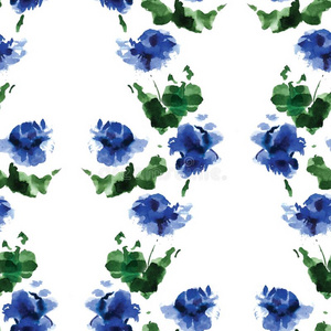 无缝的水彩模式关于蓝色花和绿色的树叶向