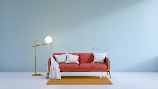 酿酒的活的房间,红色的沙发向白色的地面和光蓝色墙