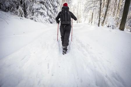 男人远足者向一下雪的mount一in