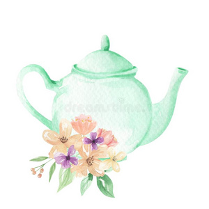 薄荷茶壶花水彩植物的叶子下午茶水花的定金