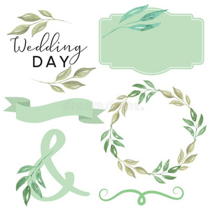水彩婚礼一天植物的叶子树叶叶子纸卷横幅花环