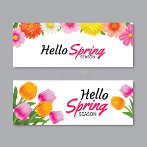 int.哈喽春季招呼卡片横幅样板和富有色彩的花.