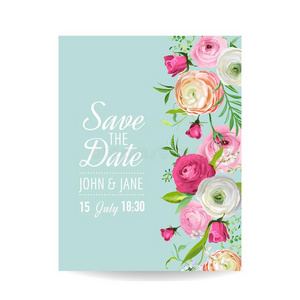 救助指已提到的人日期卡片和花毛茛属植物花.婚礼invitation邀请